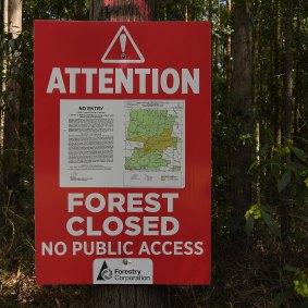 A sign blocking public access to the Lower Bucca State Forest - an area where logging is permitted in koala habitat - near Coffs Harbour, NSW. 