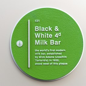 A plaque commemorating the  opening  in 1932 of the world’s first modern milk bar, The Black & White 4D,  on Martin Place, Sydney, was unveiled on Wednesday. 