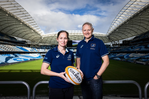 Jo Yapp, coach of the Wallaroos, and Joe Schmidt, coach of the Wallabies, at Allianz Stadium.