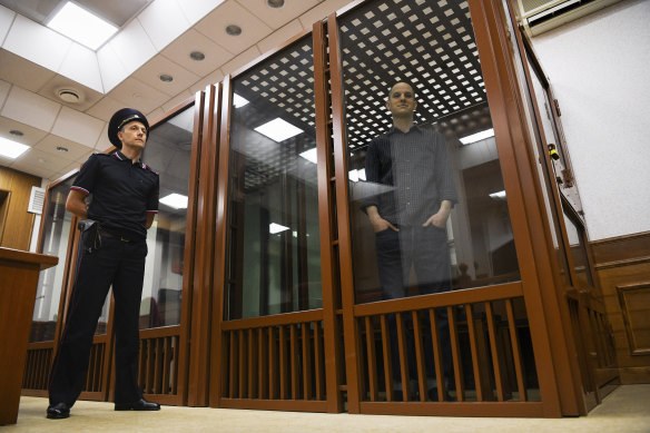 Evan Gershkovich in a courtroom in Yekaterinburg, Russia on Wednesday.