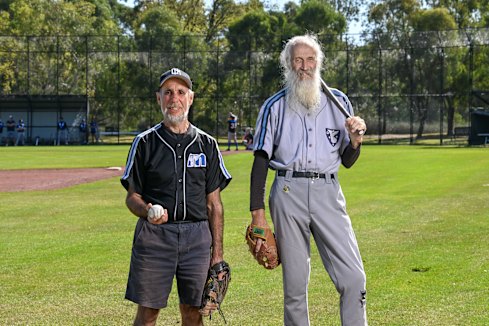 Pitch perfect: Graeme Bales (left) and Geoff Freeman have played for University of Melbourne baseball club since 1968.