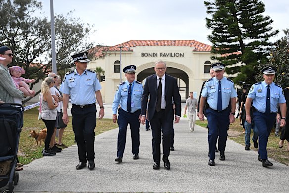 Anthony Albanese at the scene of the Bondi Beach massacre on Monday.