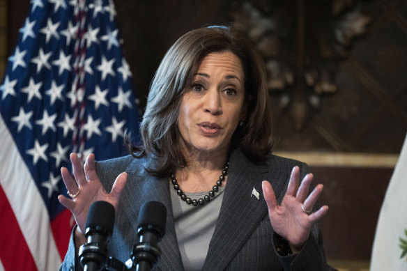 US Vice President Kamala Harris speaks during a roundtable with government leaders and private sector representatives about migration on Monday.