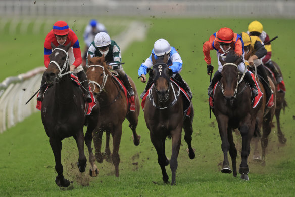 Verry Elleegant drives through on the inside to beat Riodini and Think It Over (right) in the George Main Stakes.