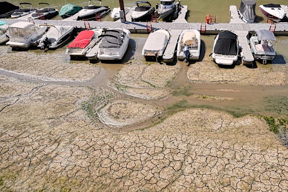 Boats lie dry in the Rhenau Harbour due to low water levels of the Rhine River in Cologne, Germany.