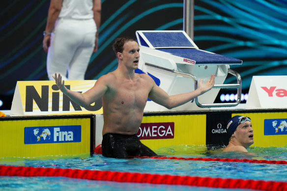 Elijah Winnington of Australia celebrates after finishing first during the men’s 400m freestyle.
