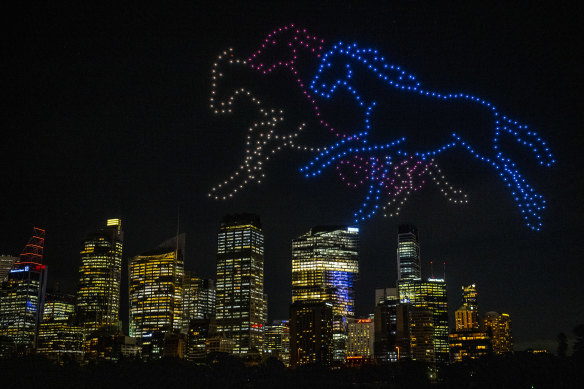 A drone display over Sydney Harbour shows the start of The Everest barrier draw.