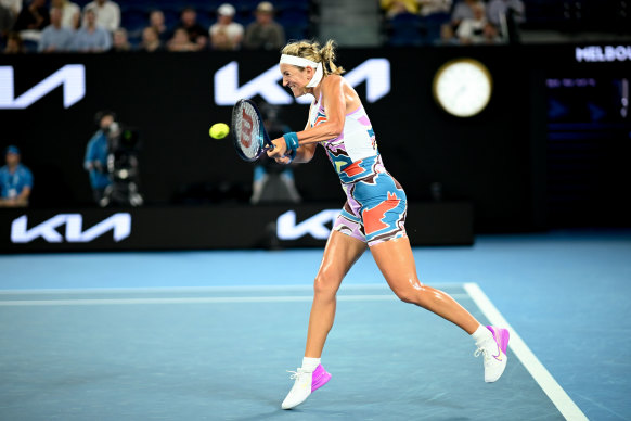 Victoria Azarenka in her game against Jessica Pegula on Rod Laver Arena on Tuesday night.