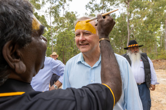 Australian Prime Minister Anthony Albanese has his face painted during the Garma Festival at Gulkula. 