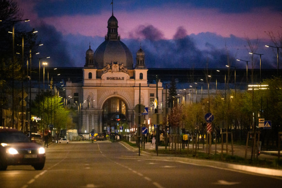 moke is seen in the sky following explosions after a Russian missile strike on May 3, 2022 in Lviv, Ukraine. 