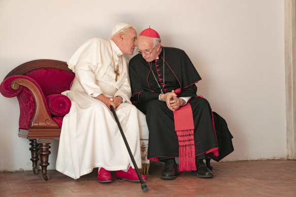 Anthony Hopkins, left, and Jonathan Pryce in The Two Popes.