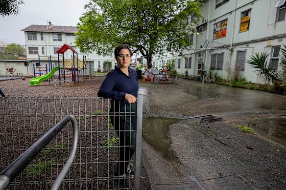 The Greens’ Gabrielle de Vietri during the 2022 election campaign, at a Clifton Hill public housing estate where raw sewage was pouring out of broken pipes and pooling beneath homes.