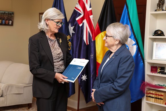 Governor-General Sam Mostyn receives the Interim Report of the Royal Commission on Antisemitism and Social Cohesion from Virginia Bell.