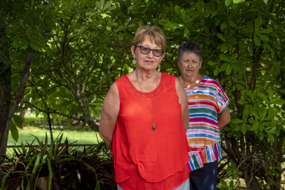 Jenny Curthoys and sister Rhonni outside Rhonni's house in Ipswich, where Jenny has been stuck.