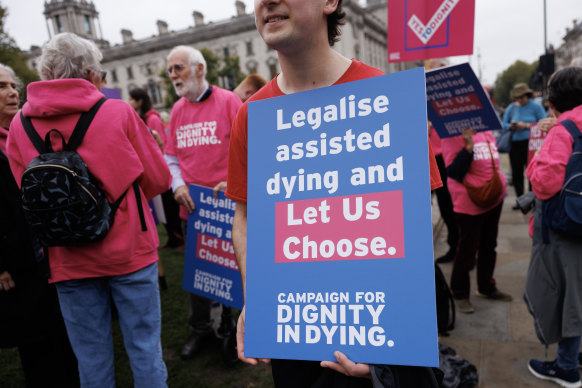 Campaigners in Parliament Square in favour of the proposed bill to legalise assisted dying in London last month. Opponents of the legislation have also been protesting.