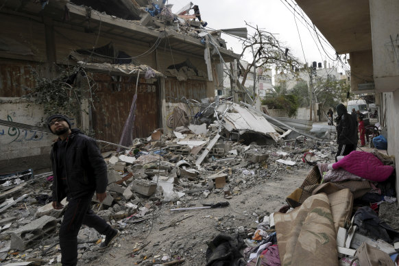 The residential building of the Khalifa family was destroyed in an Israeli strike in Nusseirat refugee camp in central Gaza on Saturday. 