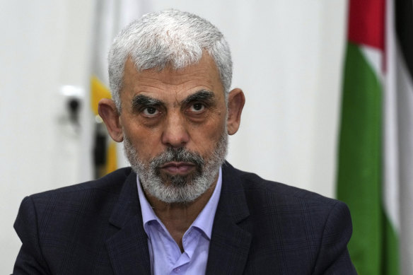 Yahya Sinwar chairs a meeting with leaders of Palestinian factions at his office in Gaza City in 2022.