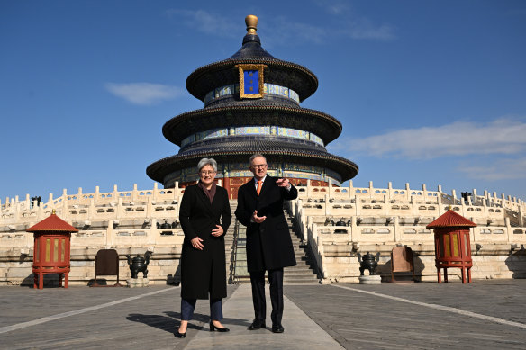 Prime Minister Anthony Albanese and Foreign Minister Penny Wong visited the Temple of Heaven in Beijing, touring the temple grounds with the Chinese ambassador to Australia, Xiao Qian.