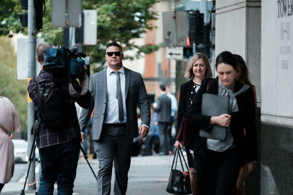 Jarryd Hayne arrives at court with his barrister Margaret Cunneen, SC.