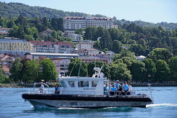 France’s National Gendarmerie officers patrol on Lake Geneva, in front of the Royal Hotel, in Evian-les-Bains, ahead of the G7.
