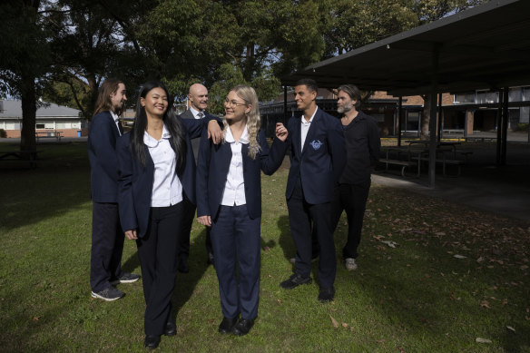 Students at JJ Cahill High School in Mascot: Louis Girling-Butcher, Isabella Gan, Valeriya Tkatchenko, and Jack Mathews with Principal Ralph David, centre, and Daniel-Girling Butcher, the new P&C head.