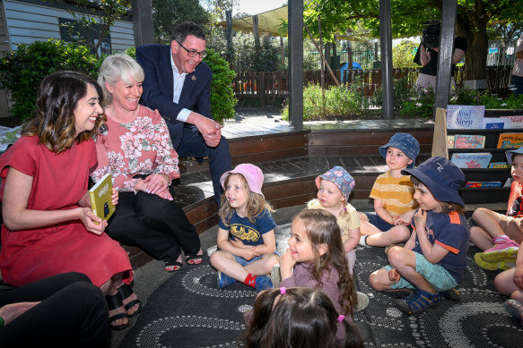 Northcote MP Kat Theophanous, left, with Daniel Andrews and his wife Catherine. 