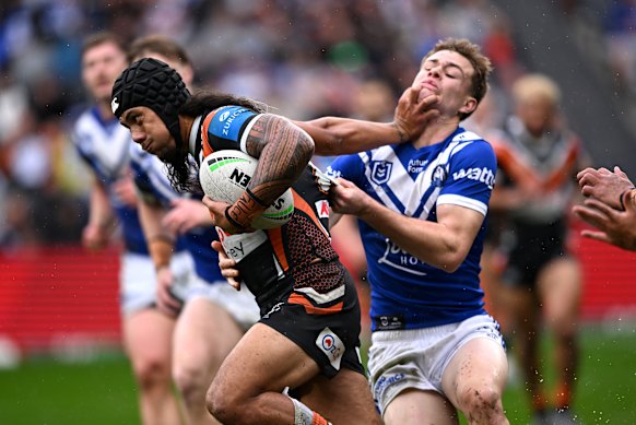 Jarome Luai palms off Lachlan Galvin when they first clashed last year.
