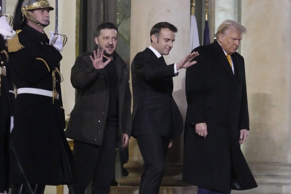 Ukraine’s President Volodymyr Zelenskyy (from left), French President Emmanuel Macron and US President-elect Donald Trump after meeting in Paris.