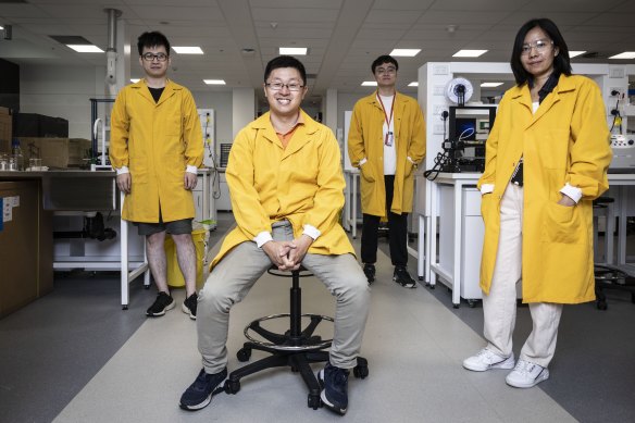 Professor Arnold Ju (seated) with Yunduo Charles Zhao, Zichen Li and San Seint Seint Zhao in their research lab at the University of Sydney.