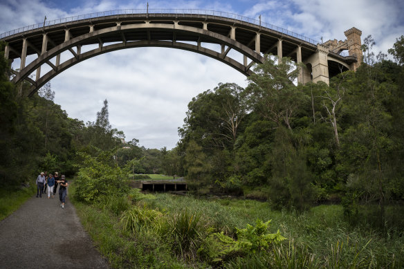 Long Gully Bridge arches above Flat Rock Creek, linking Cammeray to Northbridge. 