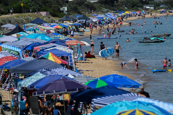 Cabanas line Safety Beach on the Mornington Peninsula.