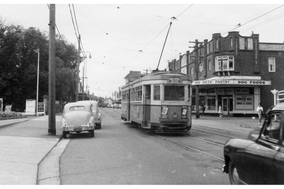 A tram on Military Road in the mid-1950s.