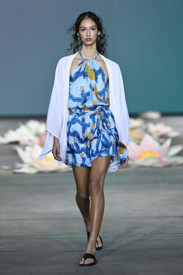 Kirrikin on the runway as part of the Indigenous Fashion Projects show at Australian Fashion Week.