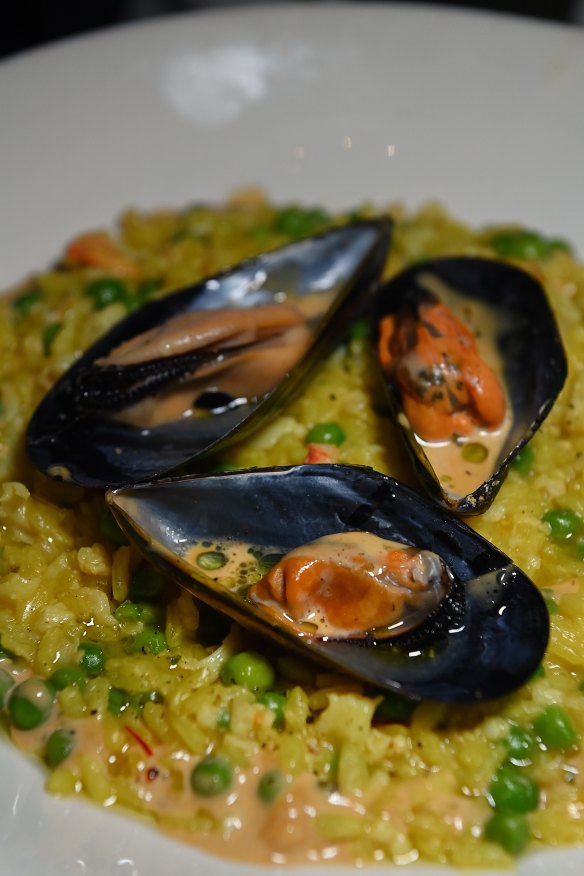 Pea and saffron risotto with spanner crab and Kinkawooka mussels. 