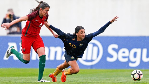 Portugal's Silvia Rebelo (left) tangles with Australia's Sam Kerr.