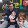 Seraphya Berrin with his children Hadar (3), Zimra (2) and Oz (six months).
