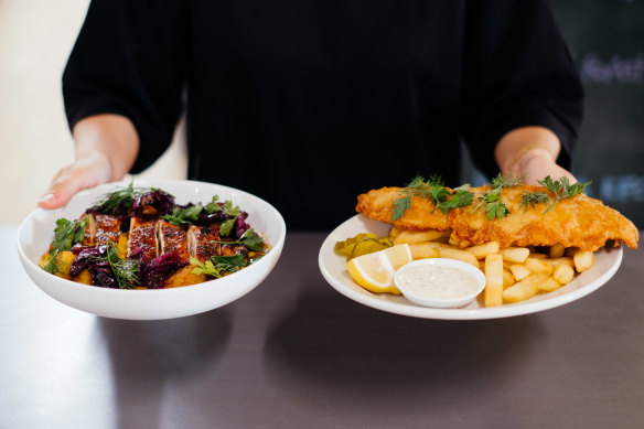 Roast chicken and fish and chips.