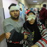 Palestinians injured in Israeli airstrikes arrive at Nasser Medical Hospital on in Khan Yunis, Gaza.