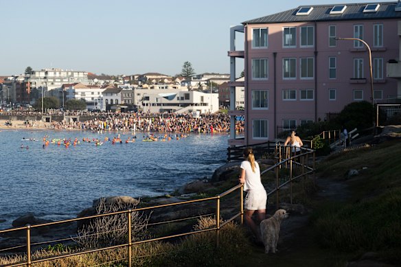 The start of the paddle-out tribute seen from north Bondi.