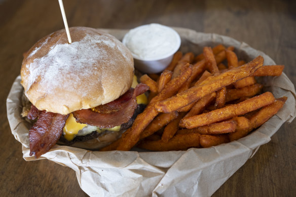 The Boss burger with sweet potato fries.