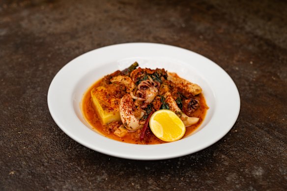 Ribbons of Mooloolaba cuttlefish with polenta, rainbow chard and chorizo in paprika-red broth.