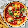  Danielle Alvarez's tomato and basil poached eggs with crusty bread.