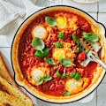  Danielle Alvarez's tomato and basil poached eggs with crusty bread.