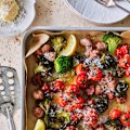 Broccoli and sausage tray bake.