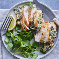 Spinach-and-ricotta-stuffed chicken breasts.