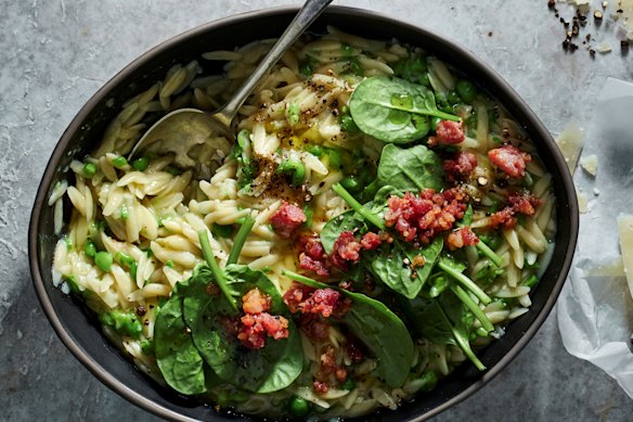 Risoni with peas, lemon and crispy pancetta is an easy weeknight win.