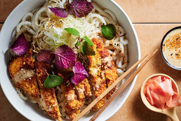 Crispy curry schnitzel noodle bowls.