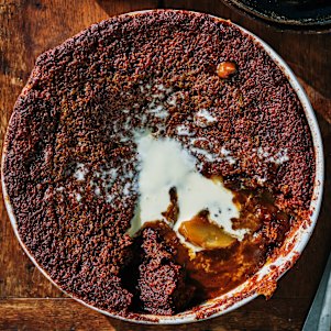 Helen Goh's pear and caramel self-saucing pudding.