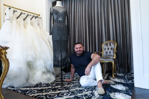 Dress designer Steven Kahlil in his Paddington, Sydney studio showcasing his new rug line. 