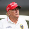 Donald Trump looks on during the pro-am prior to the LIV Golf Invitational - Bedminster at Trump National Golf Club.